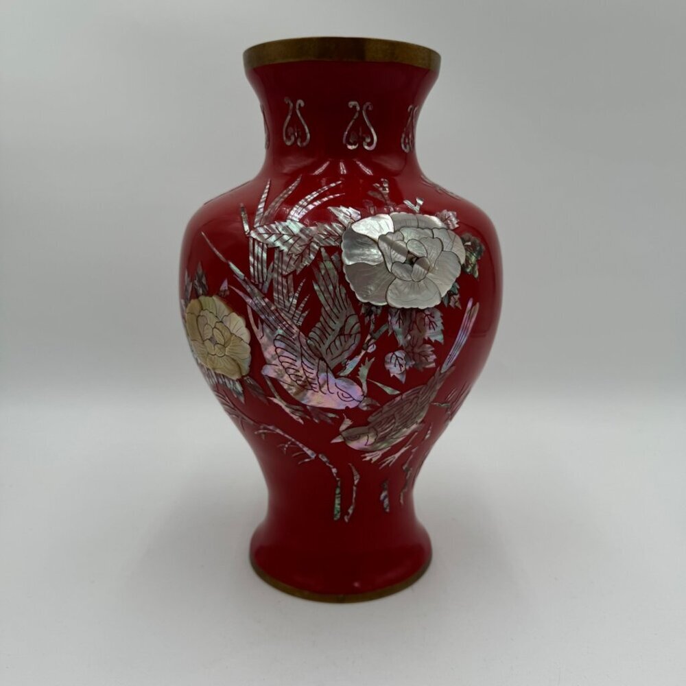 Vntg. Cloisonné Mother of Pearl inlay Red Enamel on Brass VASE 11” tall Large si